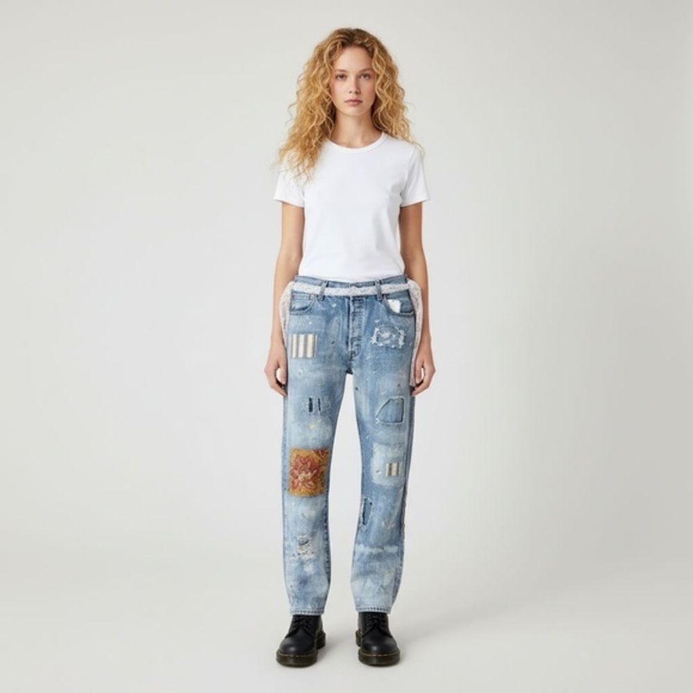 Upcycled Levi’s 501 Boyfriend Jeans Shabby Chic Distressed 34x30